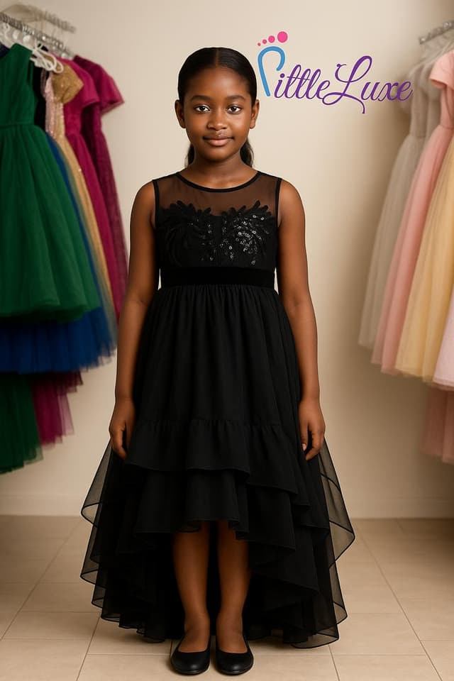 Tiered High-Low Gown with Sequin Bodice (Black)