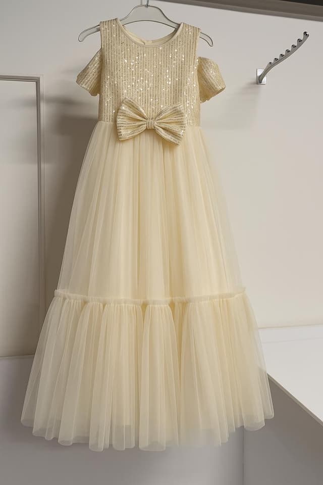 Sequin Cold-Shoulder Tulle Gown (Champagne)