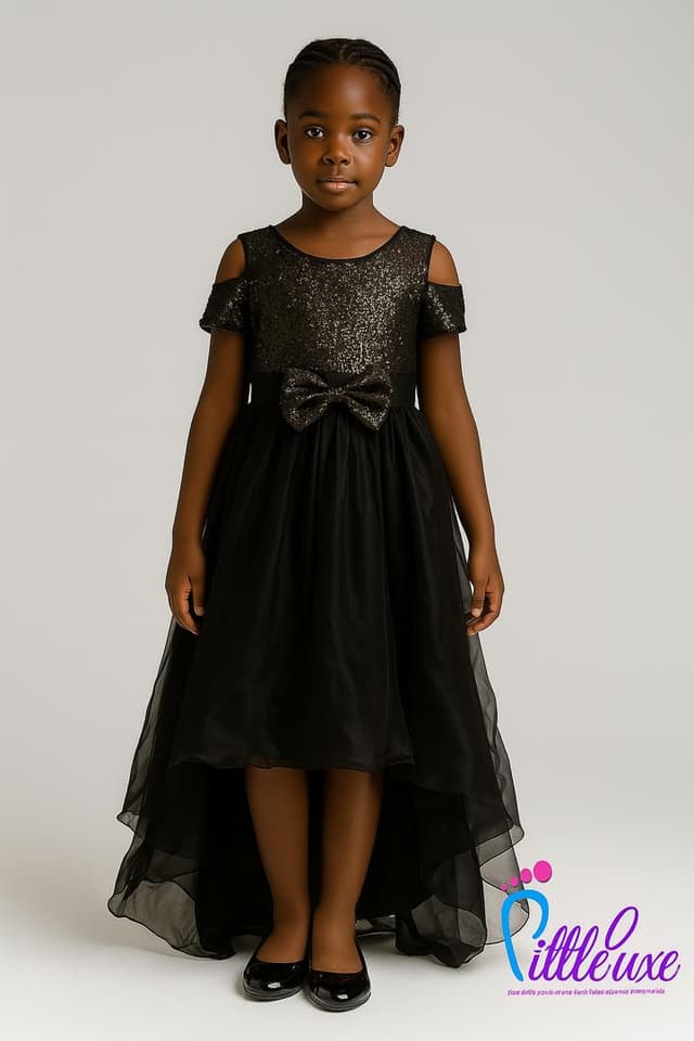 Sequin Cold-Shoulder High-Low Gown (Black)